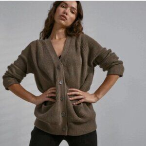 LUNYA Cozy Cotton Silk Button Front Pocket Cardigan in Brown Heather Medium